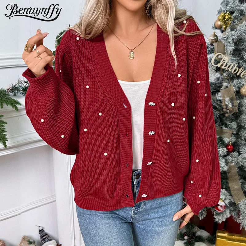 

Benuynffy рождественский свитер с v-образным вырезом и жемчугом, женский однобортный милый короткий вязаный кардиган на осень-зиму 2025 г.