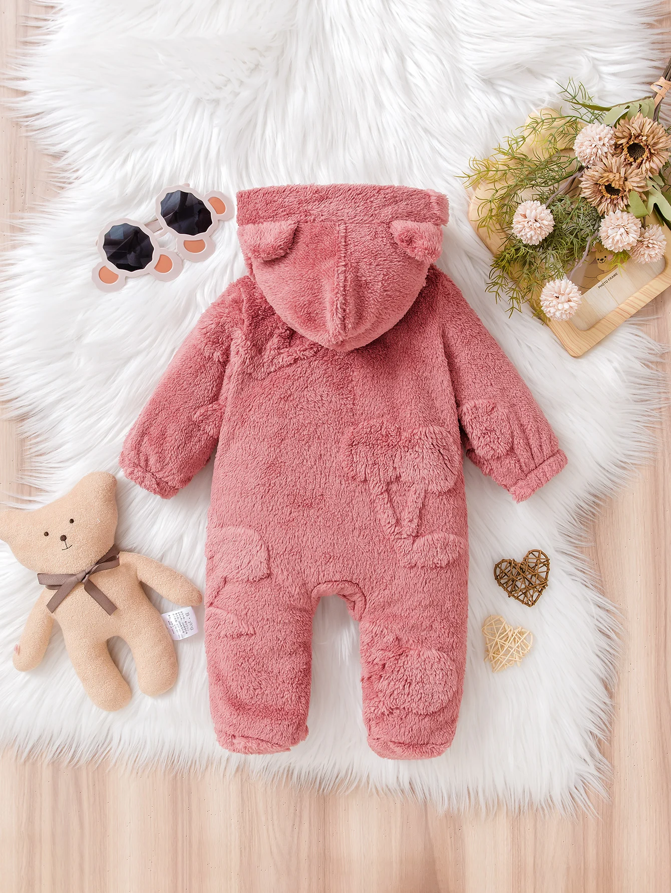 Pink Bear Ear Plush Onesie Baby Girl Warm Crawling Suit Furry Texture Cute Design Infant Clothing New Favorite