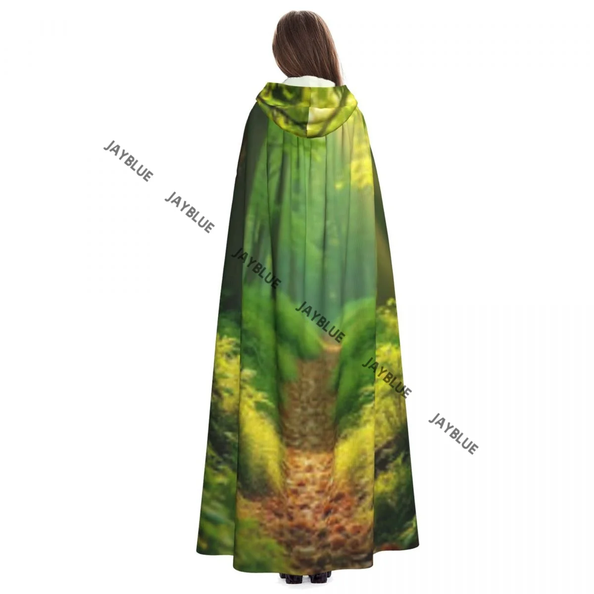 Moedas em árvores no caminho da floresta iluminada ao sol capa com capuz de poliéster unissex capa de bruxa acessório de fantasia