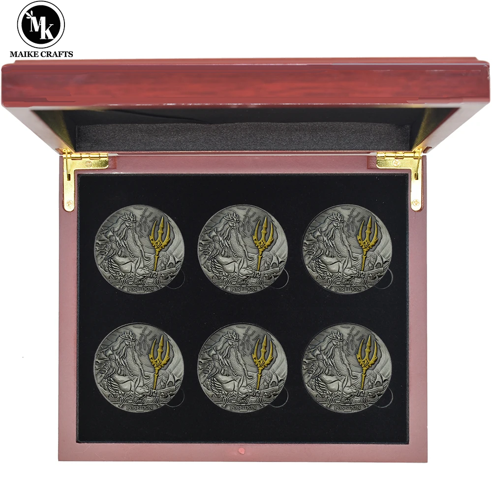 

6 Pcs/box Poseidon Challenge Coin Retro Elizabeth II Metal Commemorative Coin Collection with Exquisite Wooden Box