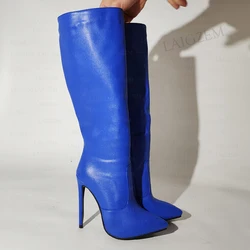 BERZIMER Women Knee High Boots Full Zip Up Pointed Toe Thin High Heels Tall Boots Ladies Handmade Shoes Woman Big Size 41 45 47