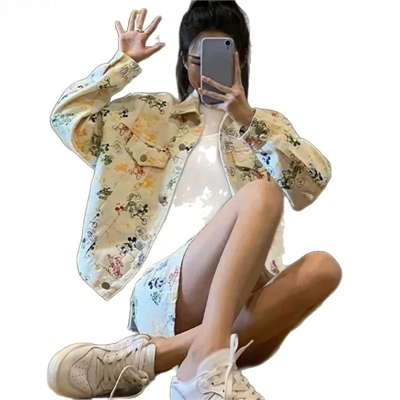 DisneyКуртка + Юбка 2025 Комплект джинсовой юбки Высококачественная грушевидная куртка Женский весенне-осенний топ Короткая юбка Тонкая и тонкая