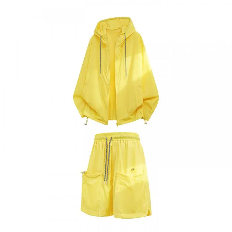 

Men's Sun Protection Hooded Jacket and Shorts Set Summer Lightweight Breathable Skincoat Shorts Two-Piece Outfit Streetwear Mans