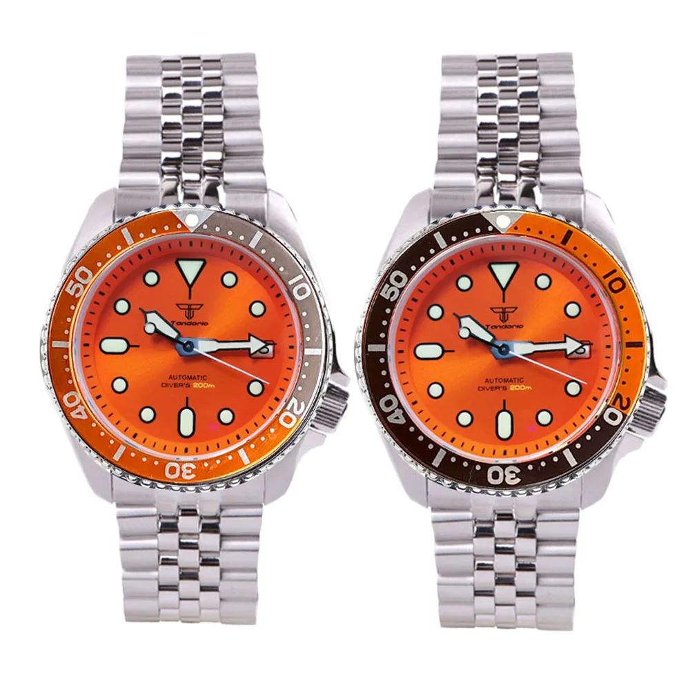 Tandorio 200m Waterproof Automatic Watch for Men NH35A Movt Crown at 3.8 Sunburst Orange Luxury Diving Clock Steel Bracelet SKX