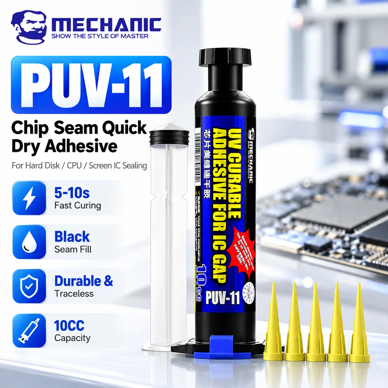 MECHANIC PUV-11 10CC Quick Dry Black Adhesive for IC Chip CPU Screen Motherboard Sealing Fixing Electronic Component Repair