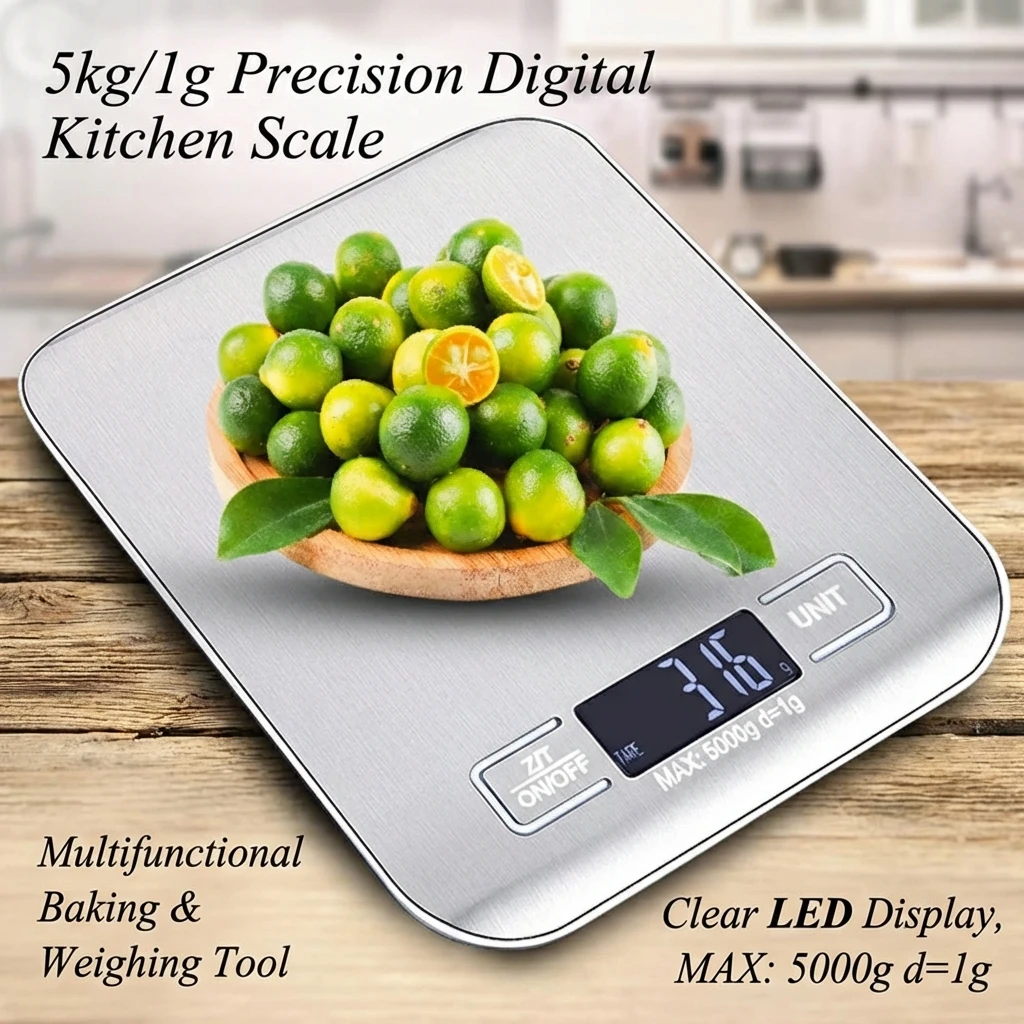 Digitale Küchenwaage mit LED-Anzeige 5kg/1g Edelstahl Elektronische Waage für Lebensmittel Schmuck Snacks Backen Haushaltswerkzeuge