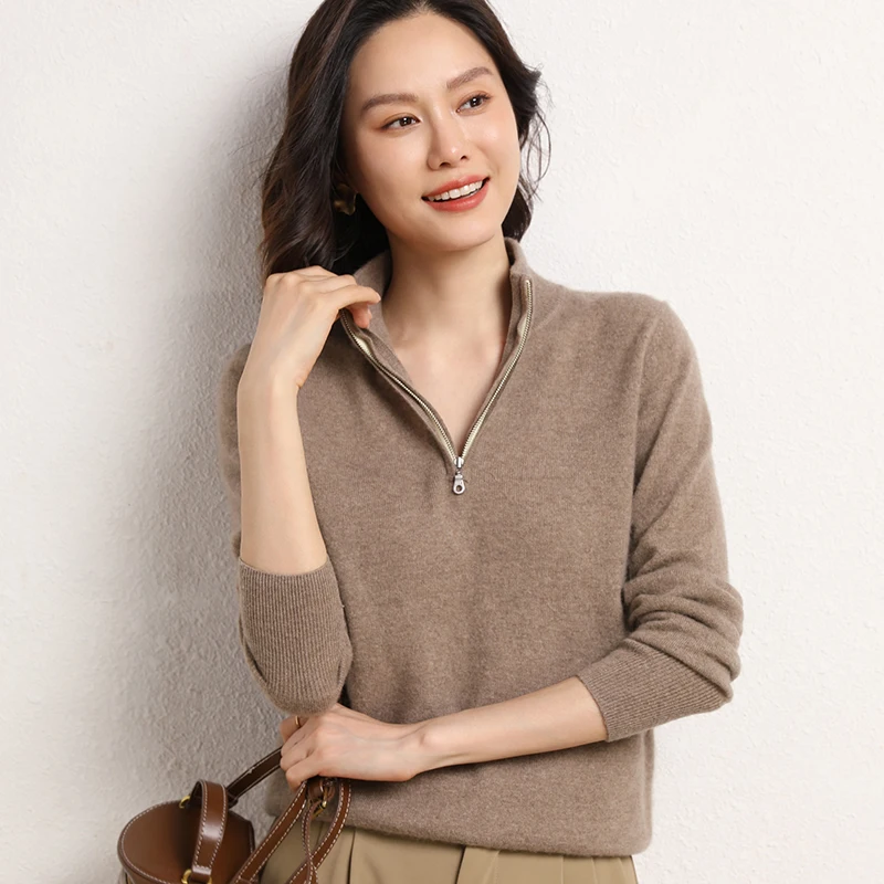 Autumn And Winter Women'S 100% Cashmere Sweater Casual Loose Pullover Thickened Knitted Shirt Half Zipper Collar Fashion Top
