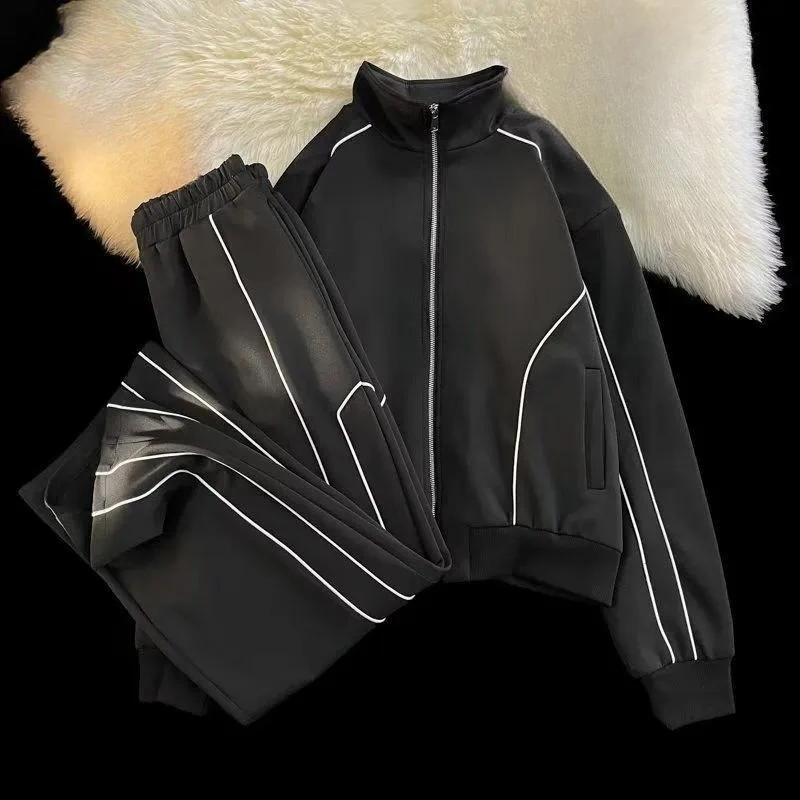 New Autumn Men Striped Lapel-Collar 2-Piece Set, Loose Draped Texture Zip Cardigan Jacket & Wide-Leg Pants Street Casual Outfit