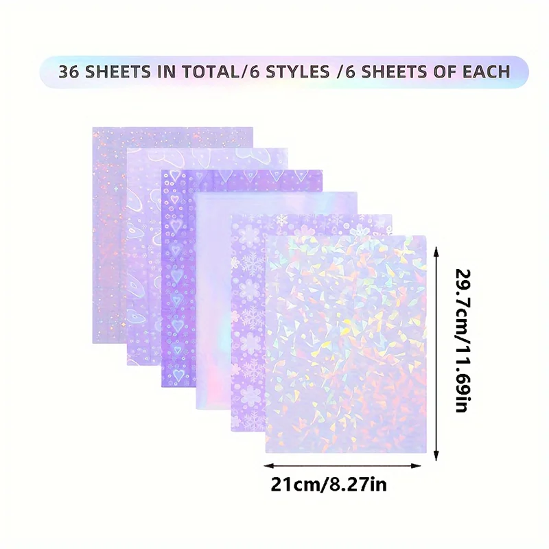 36 Sheets Holographic Stickers, Clear Vinyl Sticker Laminate Film Self-Adhesive, Decorative Art Projects