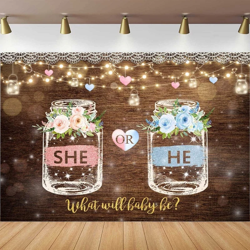 He or She Gender Reveal Photography Backdrop For Boy or Girl Decor We Can Bearly Wait Pregnant Announcement Background Banner