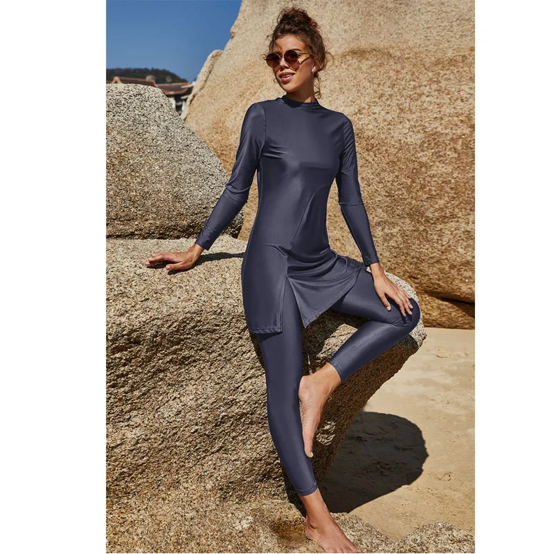 2 peças conjunto burkini muçulmano roupas femininas islâmicas swimwears 2023 abaya maiô manga longa o pescoço beach wear