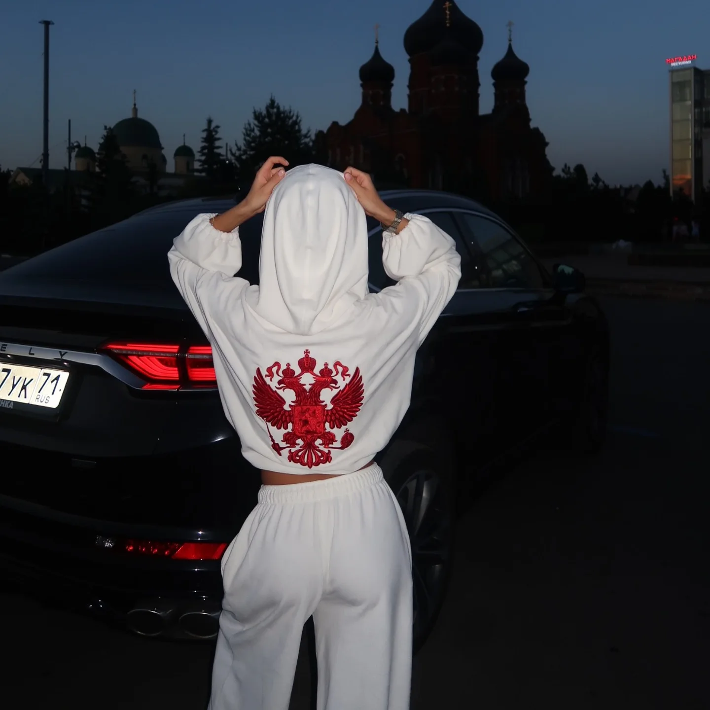 Women's White Embroidered Double Headed Eagle Crop Hoodie and Joggers 2 Piece Set Casual Streetwear Tracksuit