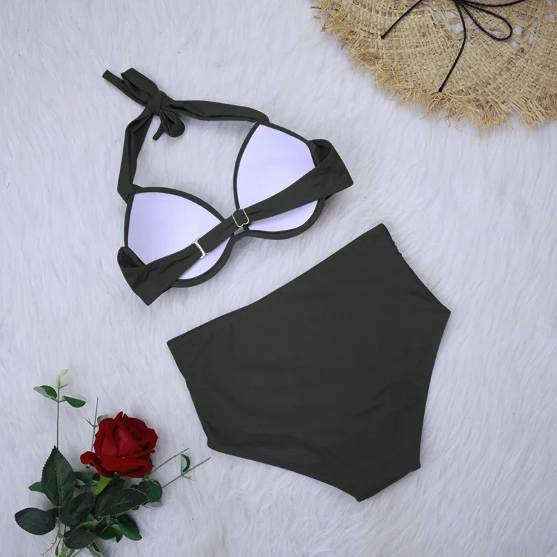 3 Colors Sexy Bikini Women Push Up Pleated Solid High Waist Swimwear Swimsuit Bikinis Set Bathing Suit Beach Bikini Taille Haute