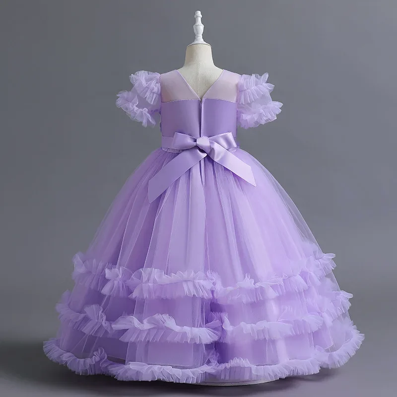 Vestido longo de tule com flores para meninas, vestido de festa tutu elegante, roupas de casamento infantil, 5-14 anos