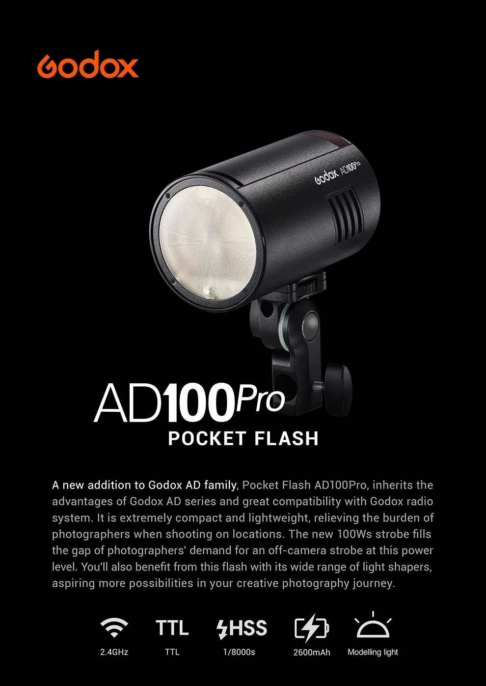 

Godox AD100Pro 100Ws TTL 2.4G HSS 1/8000s Pocket Flash Light with 7.2V/2600mAh Lithium Battery 360 Full Power Flashes 0.01-1.5s