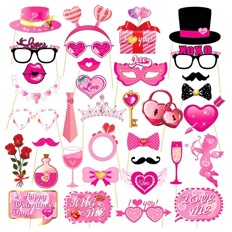 A67P-Pack Of 35 Valentine's Day Photo Booth Props Party Decorations With Kiss Signs For Romantic Celebrations