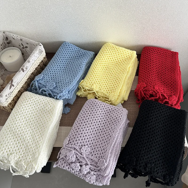 

Новый кружевной шарф ручной работы с цветочным узором для женщин, осенне-зимний, ажурный, однотонный, теплый, художественный, винтажный, элегантный.