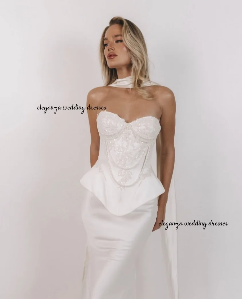 Customized Mermaid Satin Wedding Dresses Simple Lace Appliques Sleeveless Illusion Strapless Bride Gowns Vestido De Novia