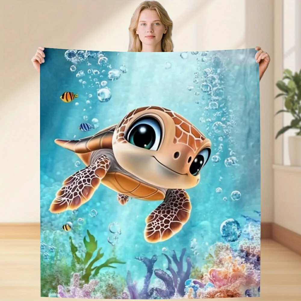 

Coastal Turtle Print Fleece Blanket - Soft Warm All-Season Throw with Vibrant Underwater Coral Reef & Fish Design, Black Ocean A