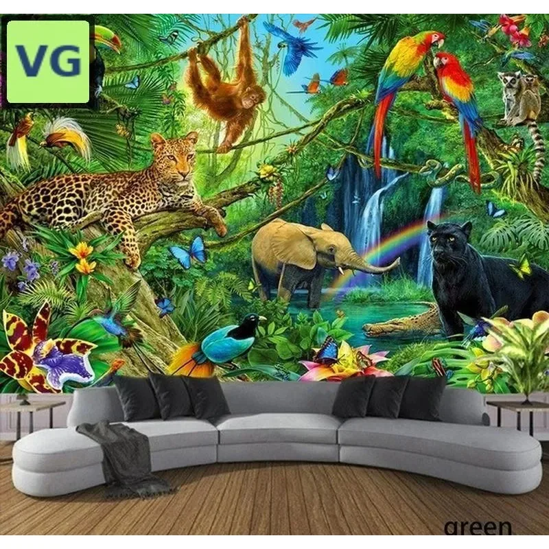 Jungle Animal Tapestry, Vibrant Rainforest Wildlife Wall Hanging, Tropical Parrot & Leopard Decor for Kids Room Living Room