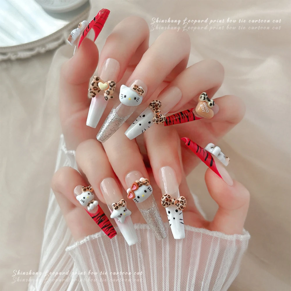 50 Uds. Mini abalorio de uñas con estampado de leopardo 3D de Hello Kitty, lazo de leopardo Kawaii, estrella, corazón, diamantes de imitación, cabeza de gato, decoración artística de uñas