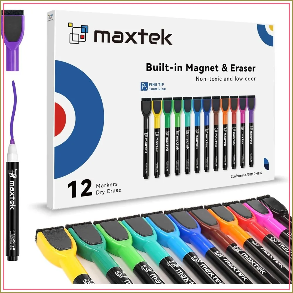 

12 Color Fine Tip Dry Erase Markers with Eraser for Kids, Low Odor Magnetic Whiteboard Markers