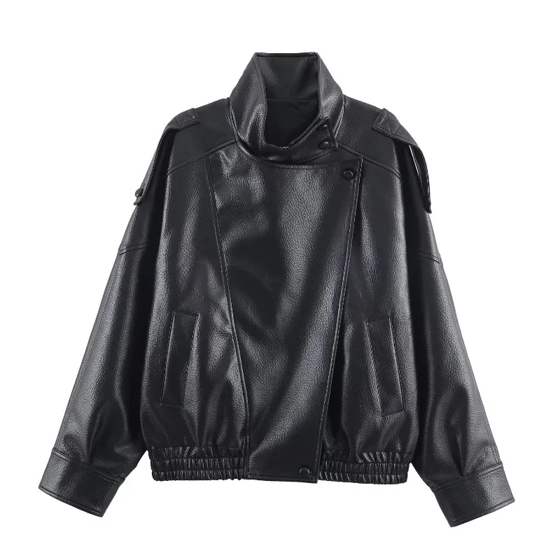 

2026 Spring Autumn Women's Faux Leather Jacket Solid Color Long Sleeve Stand Collar Loose Coat Fashion Motorcycle Streetwear