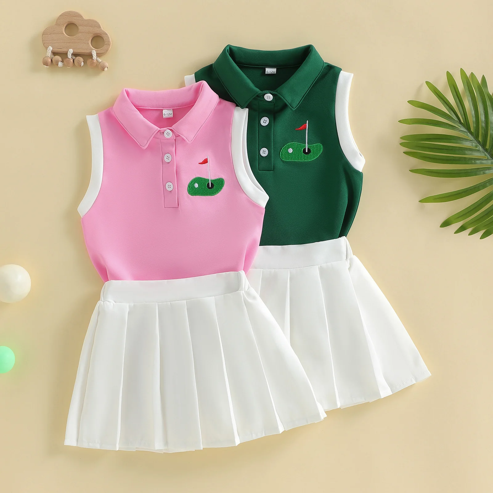 0-4Y Toddler Girls 2 Piece Outfits Golf Themed Embroidery Sleeveless Turn Down Collar t Shirt Tops Pleated Skirt Children's Set