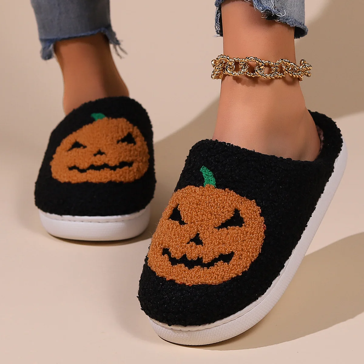 Pumpkin smiley cotton slippers thick-soled winter household indoor non-slip Halloween pumpkin slippers women's winter warmth