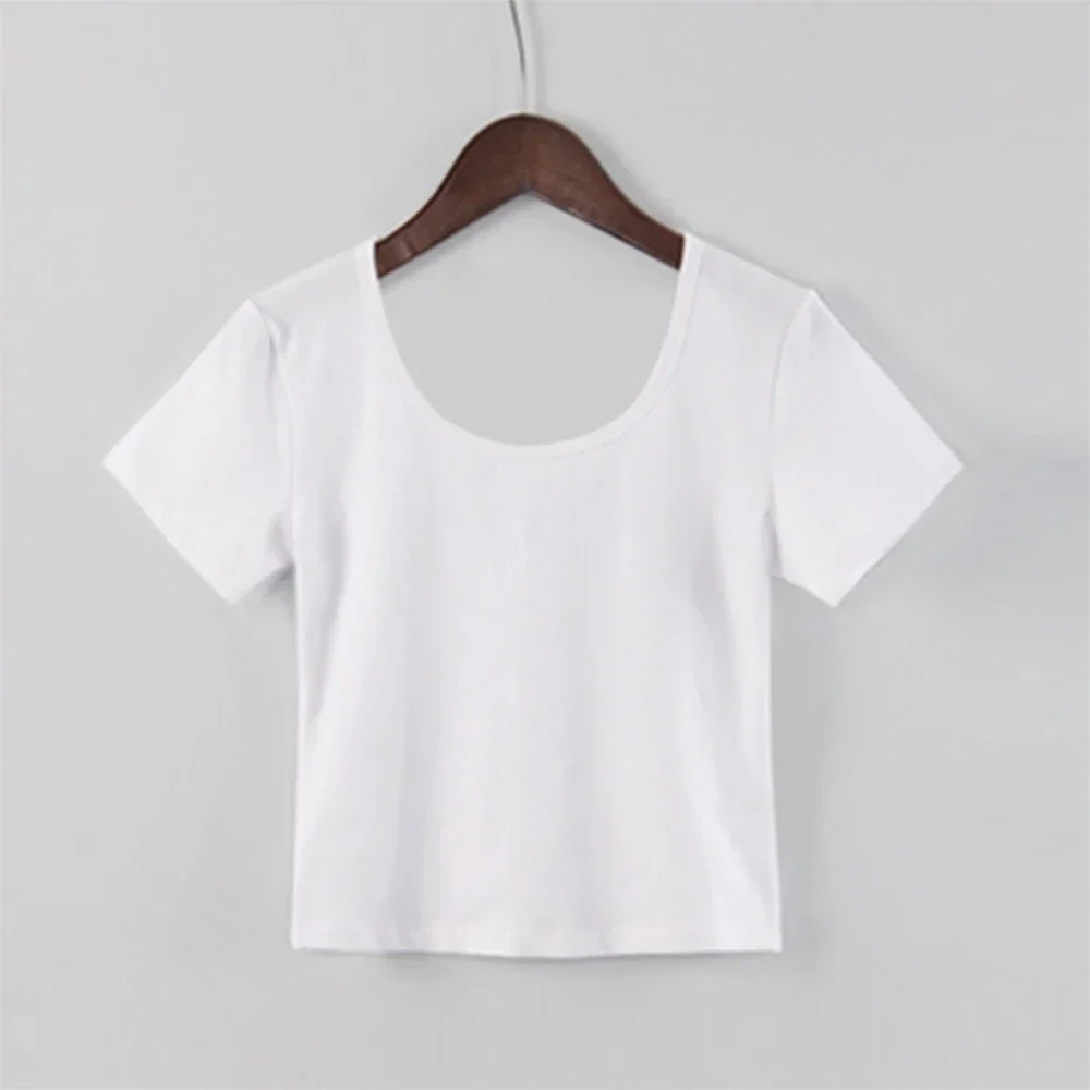 Ladies' Round Neck Short Sleeve Crop Top T Shirts Summer Combed Cotton Tee Women's Tops White/Black/Grey/Rose Red