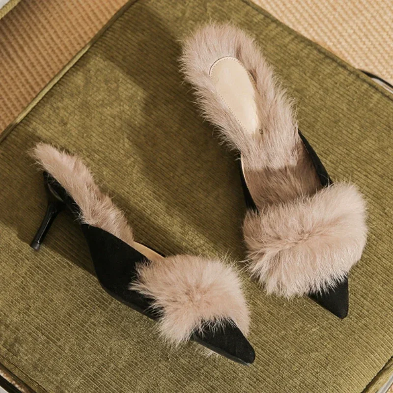 

New Autumn Winter Fluffy Mules Slippers Women Pointed Toe Pumps Warm High Heels Slides Women Plush Thin Heels Slippers Female