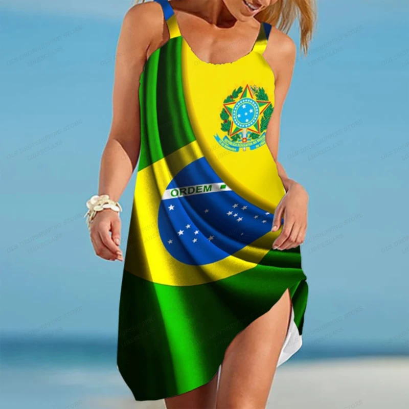 Brazil Flag Dress Women Fashion Bohemian Spaghetti Strap Dresses Party Evening Sexy Boho Beach Dress Midi Sundress Casual Loose