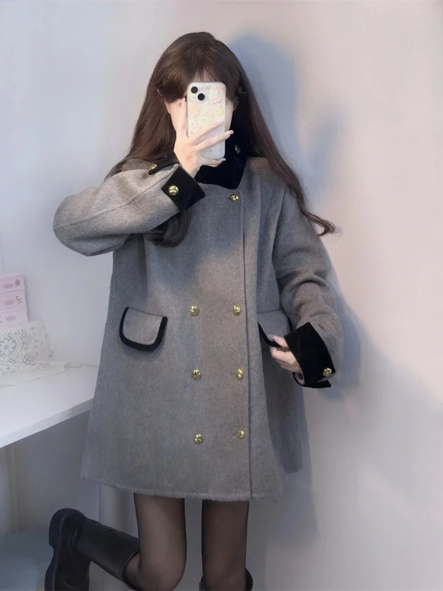 

UNXX Hepburn-Style Gray Stand Collar Contrast-Trim Woolen Coat for Women Autumn/Winter Slimming Mid-Length Jacket Trendy Fashion