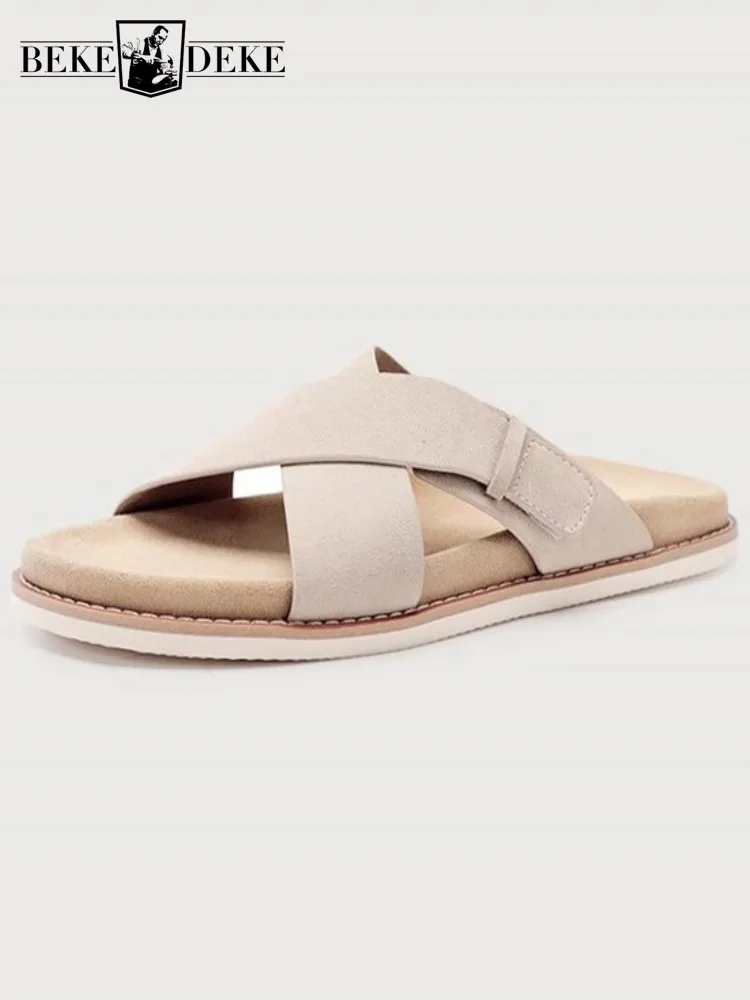 Male Summer Breathable Cowhide Open Toe Flat Sandals Youth Leisure Daily Style Outside Genuine Leather Buckle Beach Shoes
