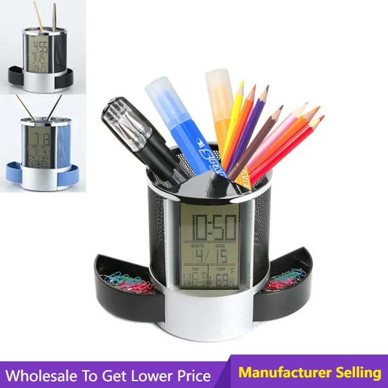 

Pen Holder Multifunctional Calendar Alarm Clock Desktop Pen Organizer Office Pencil Holder Storage Box with 2 Small Drawer