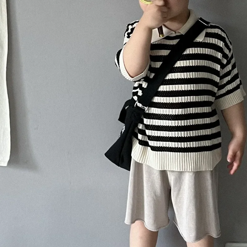 New Spring Children Knitted Hollow Out Polo neonata Pullover a maniche corte allentato top Boy Kids Summer Casual Striped Tees