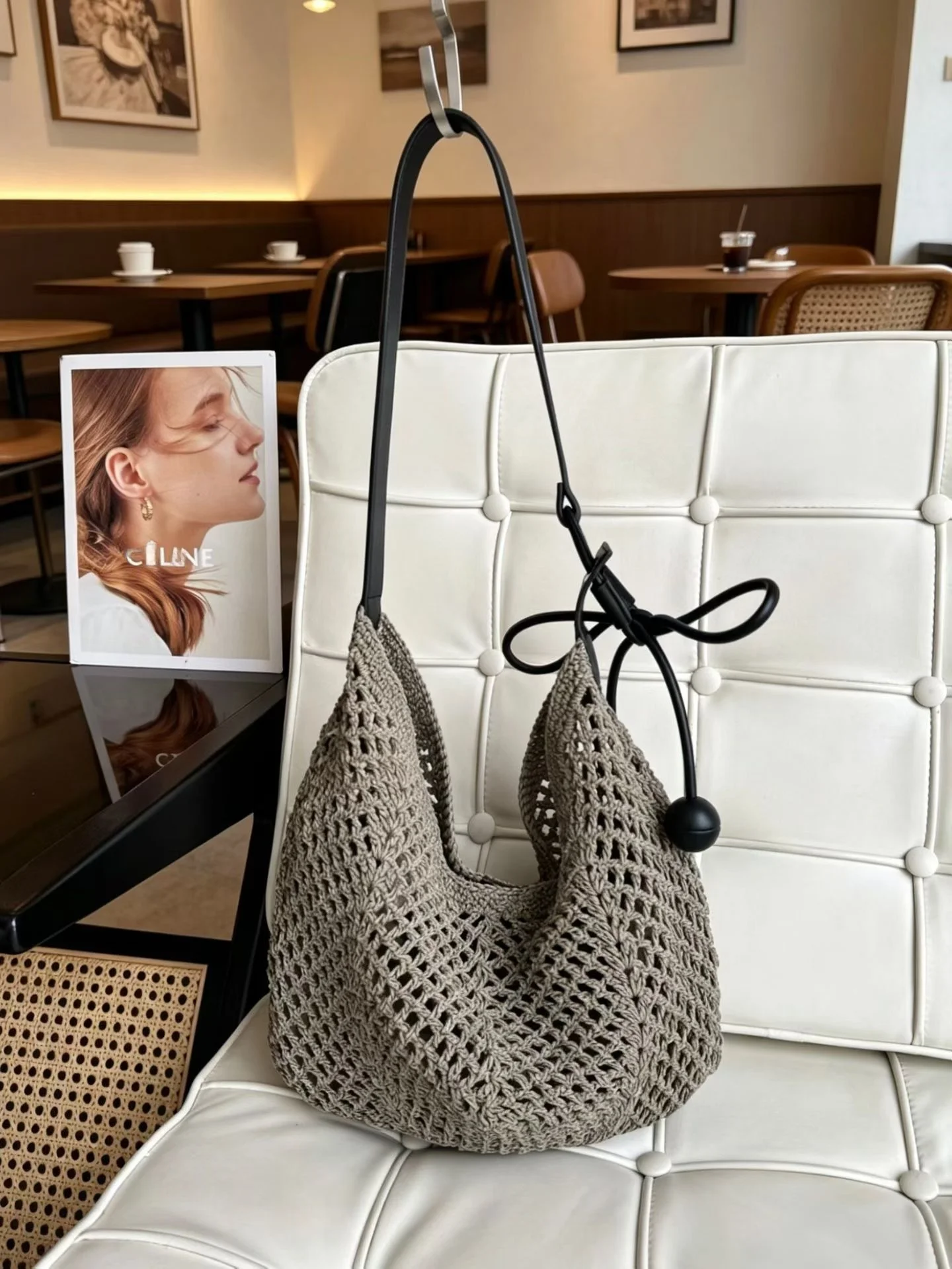 Large Capacity Woven Tote Bag Hollow out Design Cow Horn Single Shoulder Crossbody Bag Vacation Style Net Pocket Basket