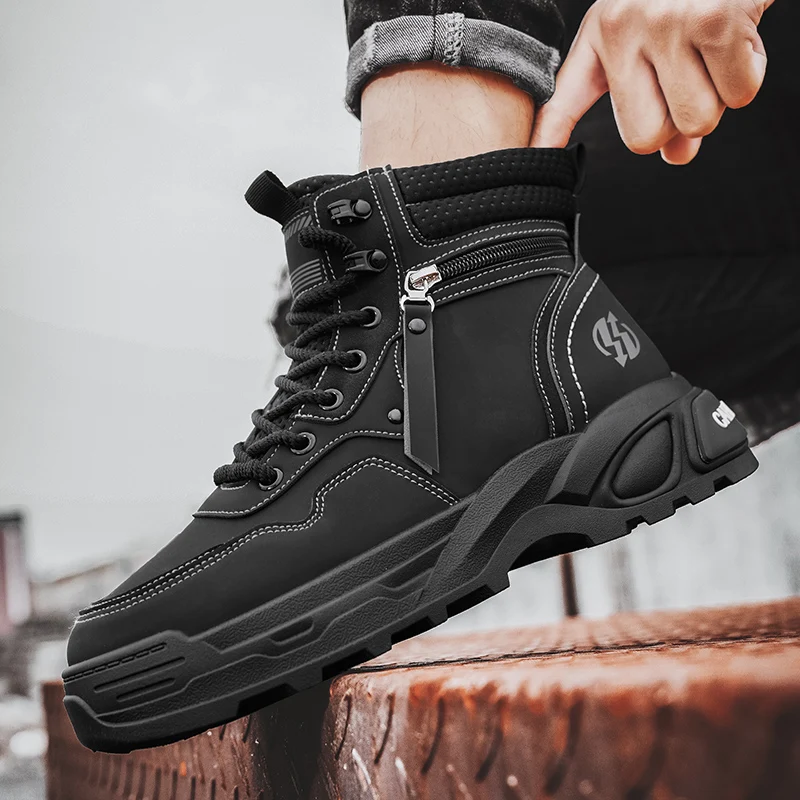 Mens Hiker Ankle Boots Inner Side Zip Brushed Look Shaft Rope Lace Chunky Traction Lug Bottom