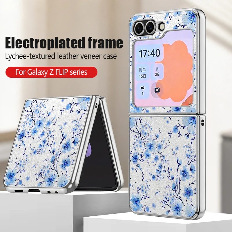 Lychee Texture Leather Case For Samsung Galaxy Z Flip7 FE Flip6 Flip 7 6 5 5G Silver Plating Frame Blue Flower Print Hard Cover