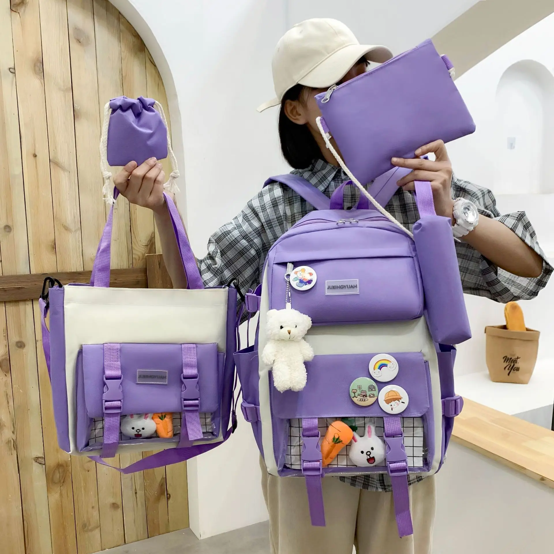 High School Five-Piece Set Multi-Compartment Fashion School Bag Large Capacity Primary Students Shoulder Bags
