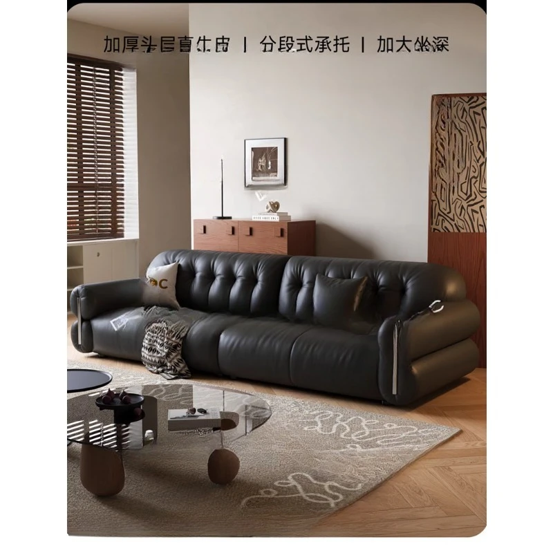 

Brown sugar all leather sofa living room retro style black first layer cowhide sofa straight row new