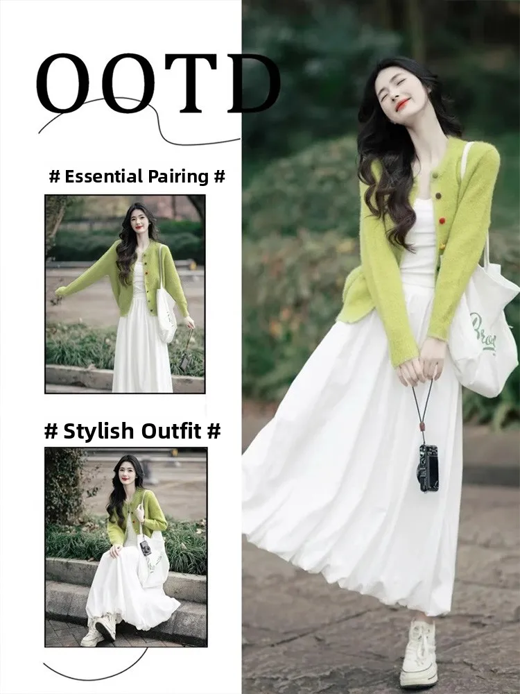 

Spring Fashion Set White Style Open Cardigan And Skirt plus Size Beautiful Women Elegant Long Sleeve Button up Dress