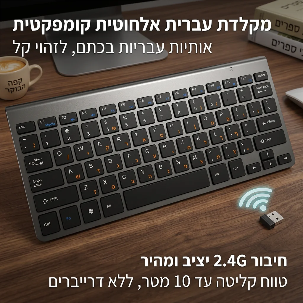 Portable Israel Ultra Slim Compact Wireless Keyboard 2.4G Hebrew Orange Characters Power Saving for Windows Desktop PC Laptop
