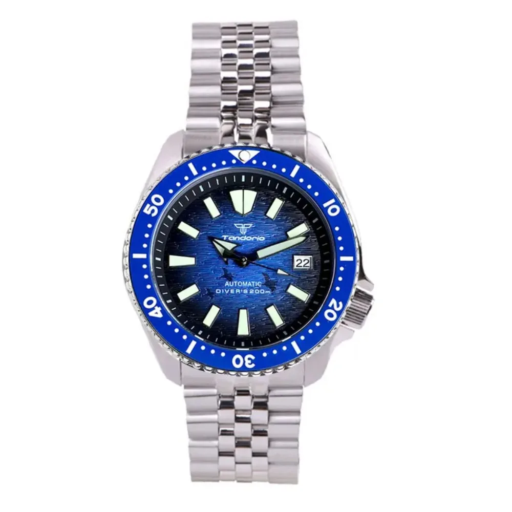 41mm Tandorio Blue Dive Automatic Wristwatch Men Water Resistant Japan nh35 Movt 3.8 Crown Flat Sapphire Professional Diver