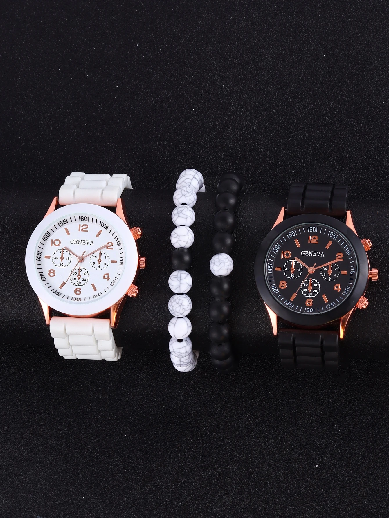 4PCS classic fashion black and white silicone women's men's quartz watch with beaded bracelet set lovers gift