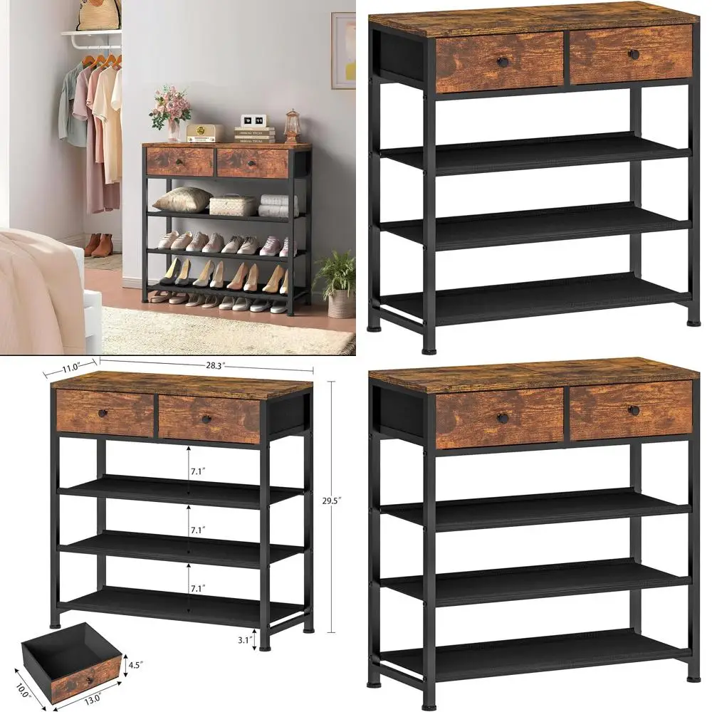 

4-Tier Shoe Organizer with 2 Drawers, Metal & Wooden Top, 9-12 Pairs Capacity, Fabric Shelves, Rustic Brown
