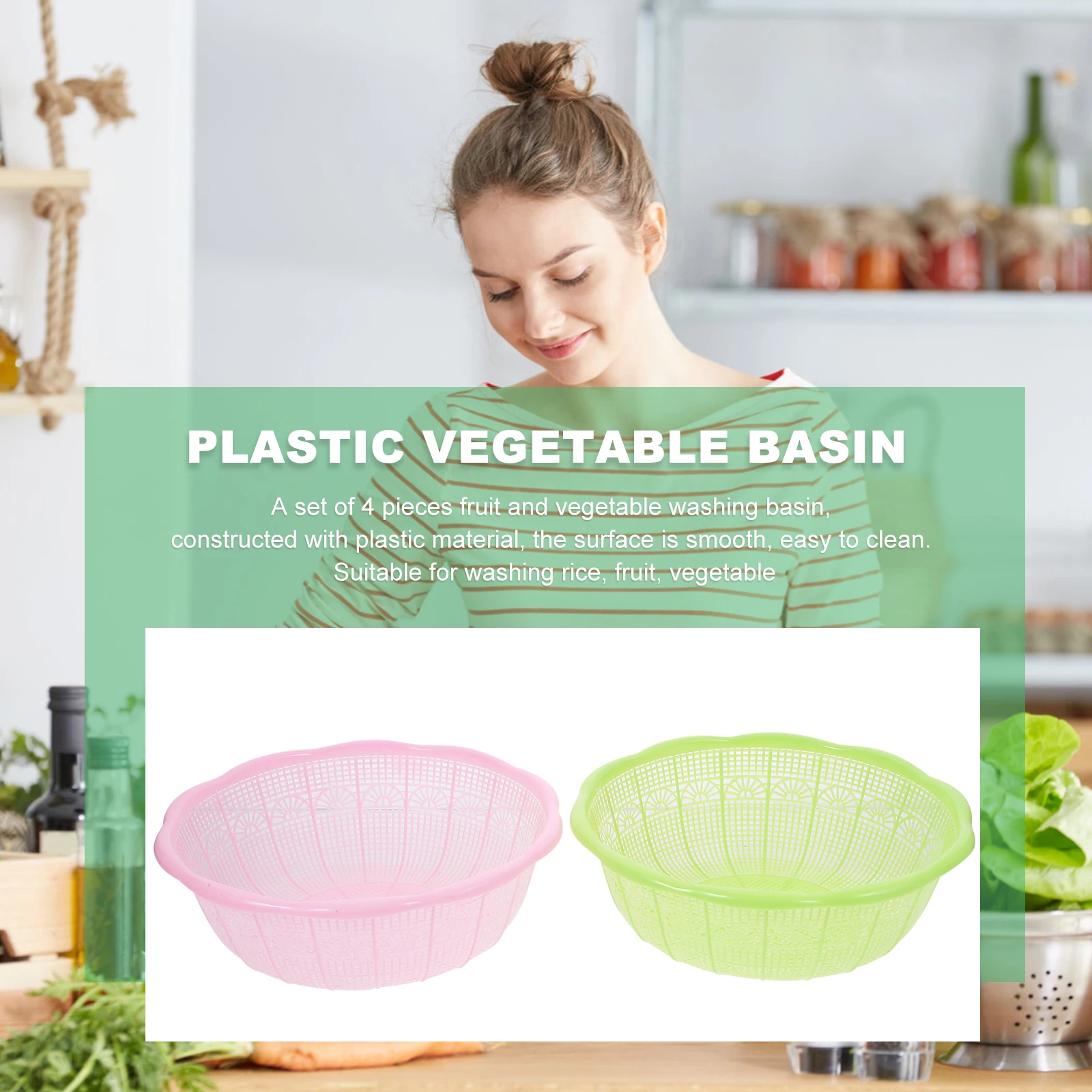 

4pcs Rice Set Plastic Rice Sieve Basin Fruit Vegetable Washing Sink Basket Draining Washing Bowl Set Kitchen Tool