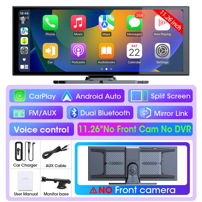 11,26 inch Dash Cam Auto DVR 4K Camera Draadloos Carplay Android Auto Touchscreen Dual Len Videorecorder Dashboard BT FM AUX GPS