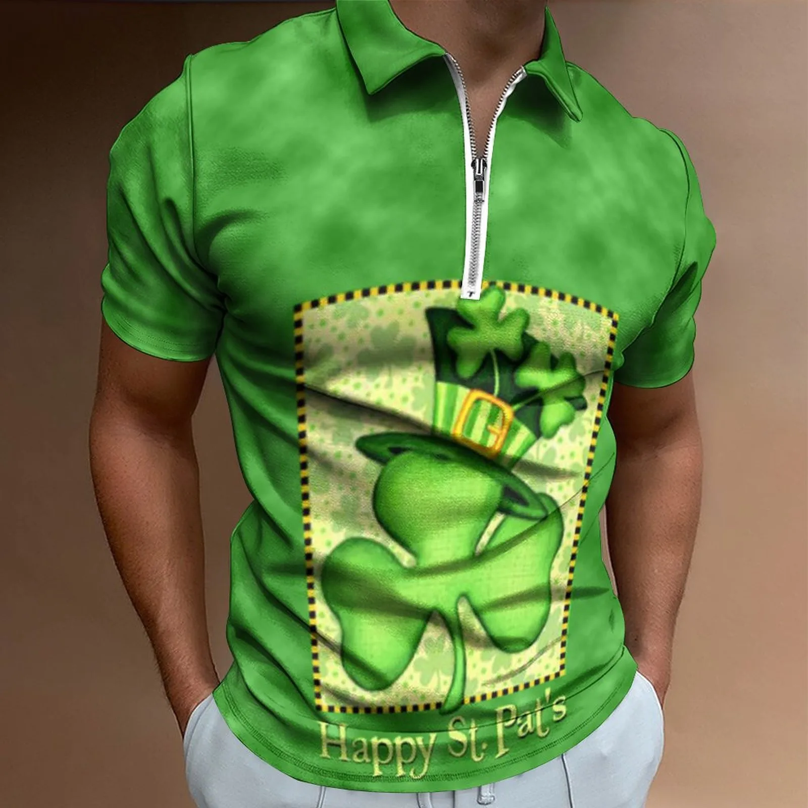 Men's T-shirt St-Patrick-Day Polo-shirt zipper lapel Green Irish-National-Day Clover Graphic Tops tee-shirt Short-Sleeve Chemise