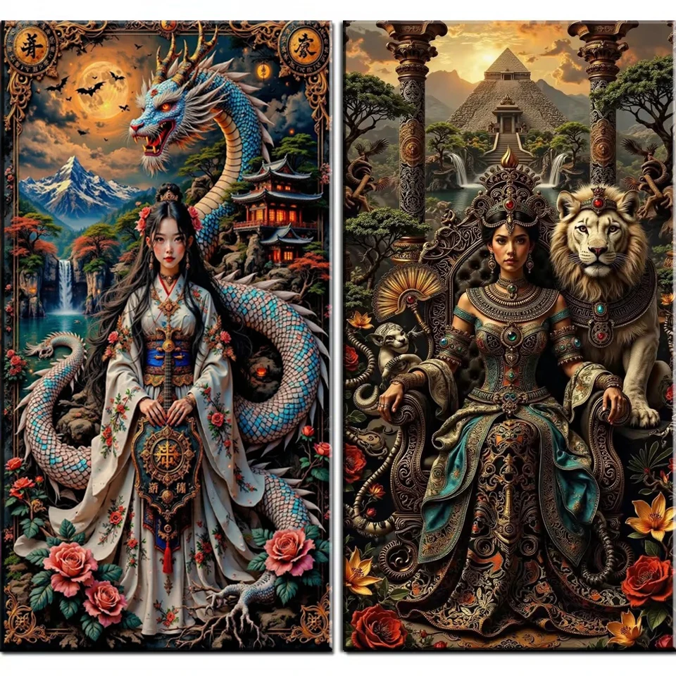 

Fantasy Woman And Dragon Lion DIY 5D Diamond Painting Anime Girl Animal Full Square Round Drill Mosaic Diamond Art Embroidery